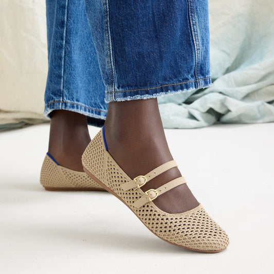 hover | Model wearing The Double Buckle Mary Jane in Dune Mesh.