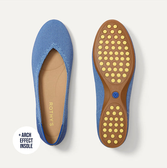 The Daily Flat in Clear Blue shown from the top with one shoe showing the outsole.