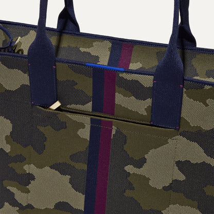 A closeup of The Classic Tote in Spruce Camo, focusing on the exterior zip pocket.
