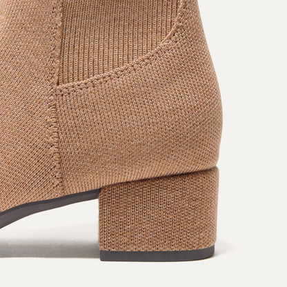 Close up of the block heel of The Classic Boot in Tobacco.