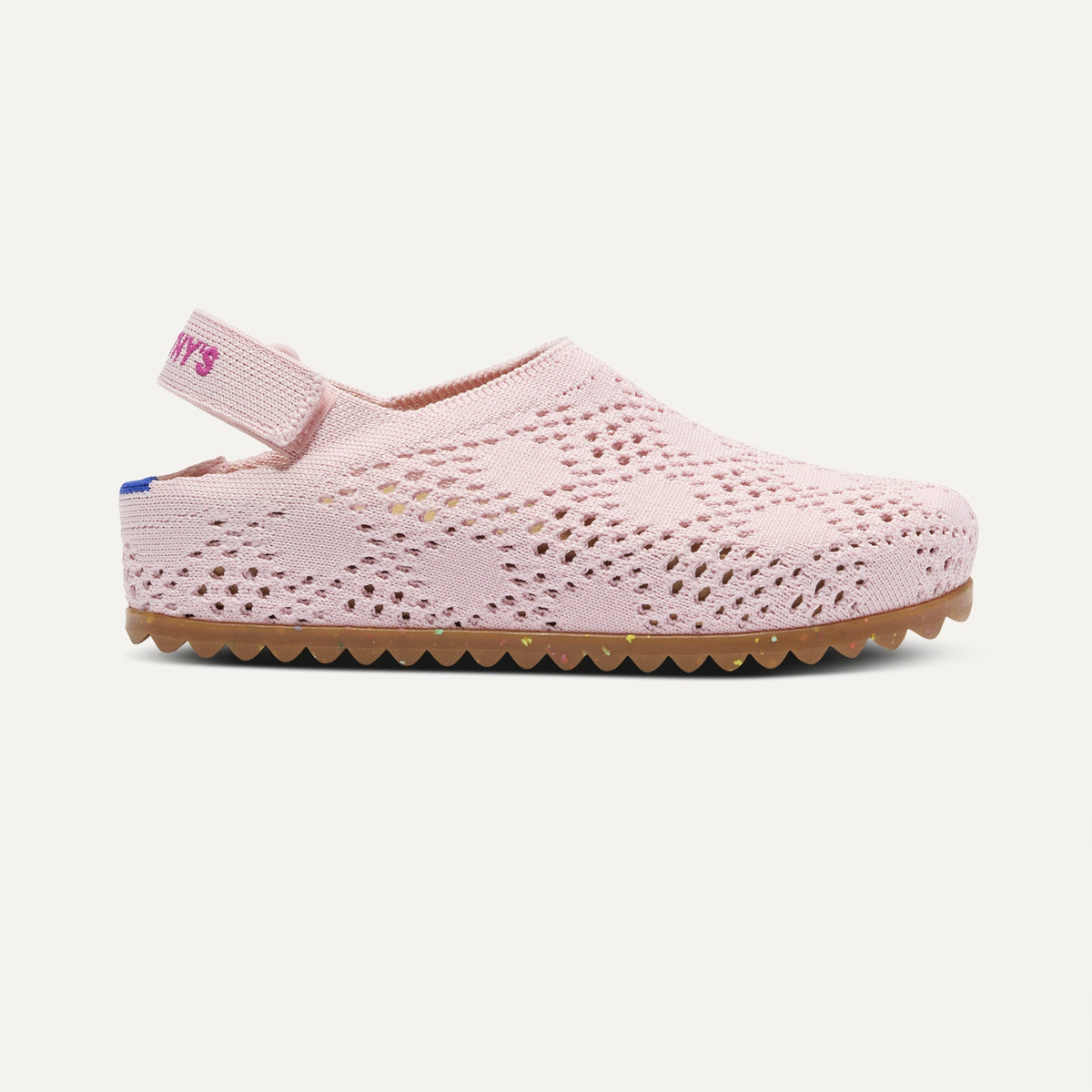 side | The Kids Clog in Pink Crochet shown from the side.