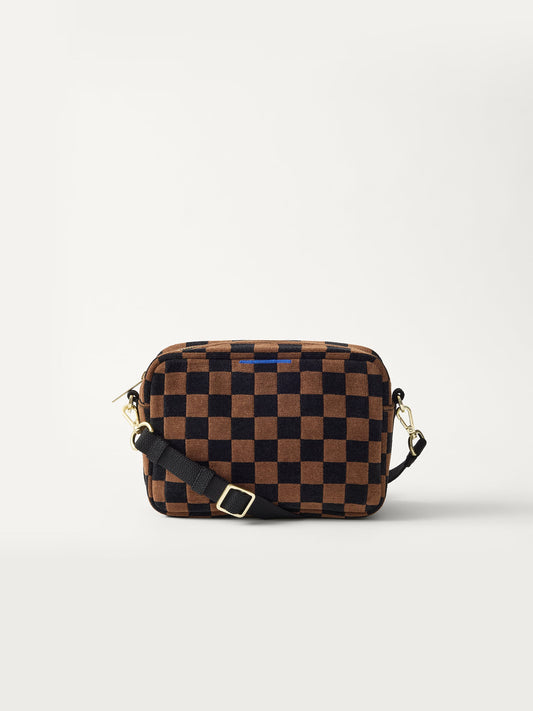 PLP | The Crossbody Camera Bag in ReVelvet™ Umber Check, shown from the front.